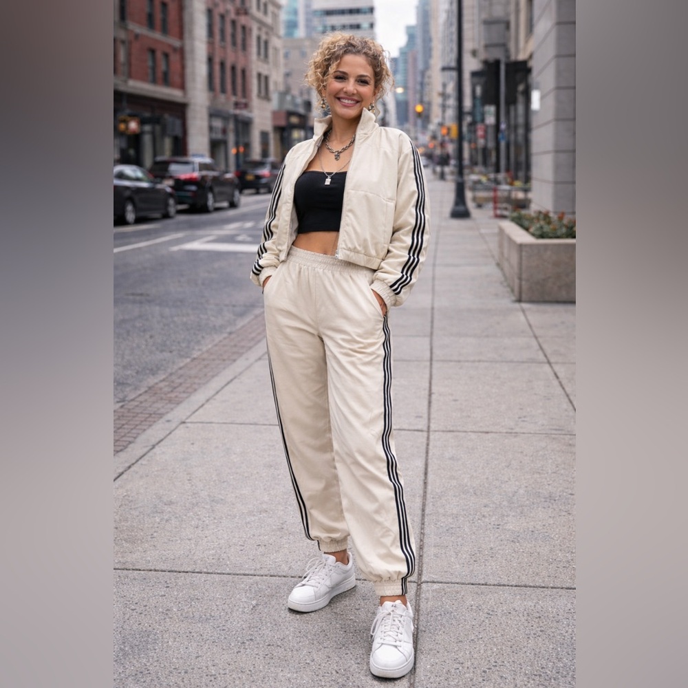 Women's Cream Track Suit with Black Stripes